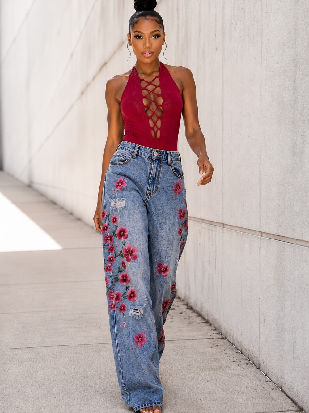 💋EMBROIDERED PINK FLORAL LIGHT WASH JEANS!!!